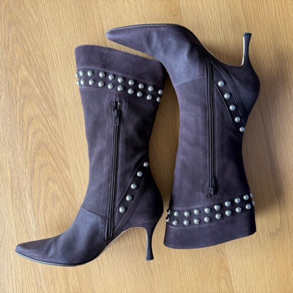 Manolo Blahnik Nenbiemi Brown Nubuck Leather Boots w/Silver Studs Size 38.5 US 8 - Picture 7 of 13